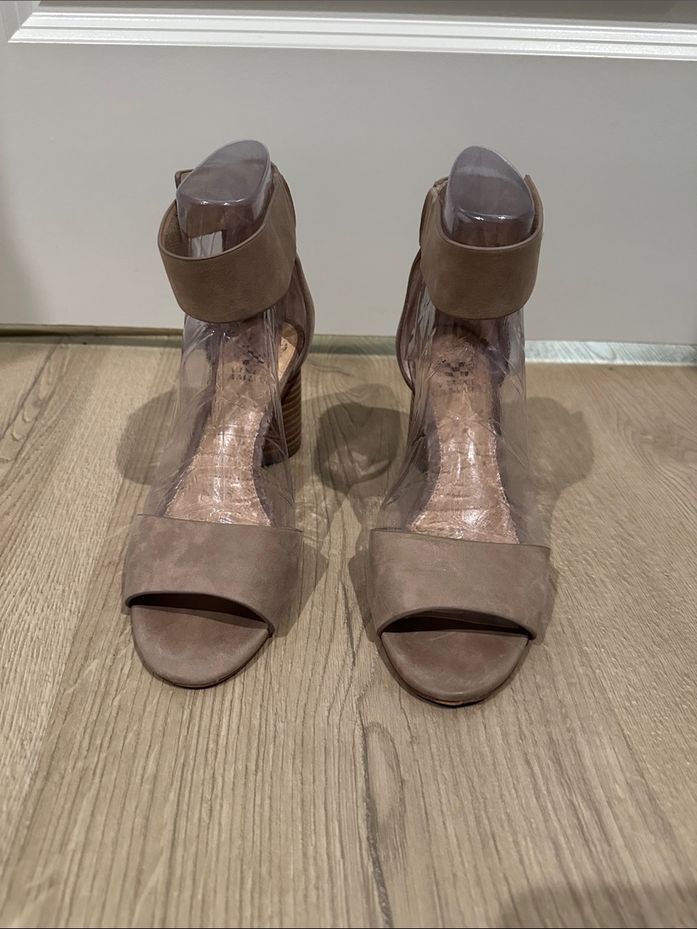 Vince Camuto Taupe Suede Ankle-Strap Block Sandals